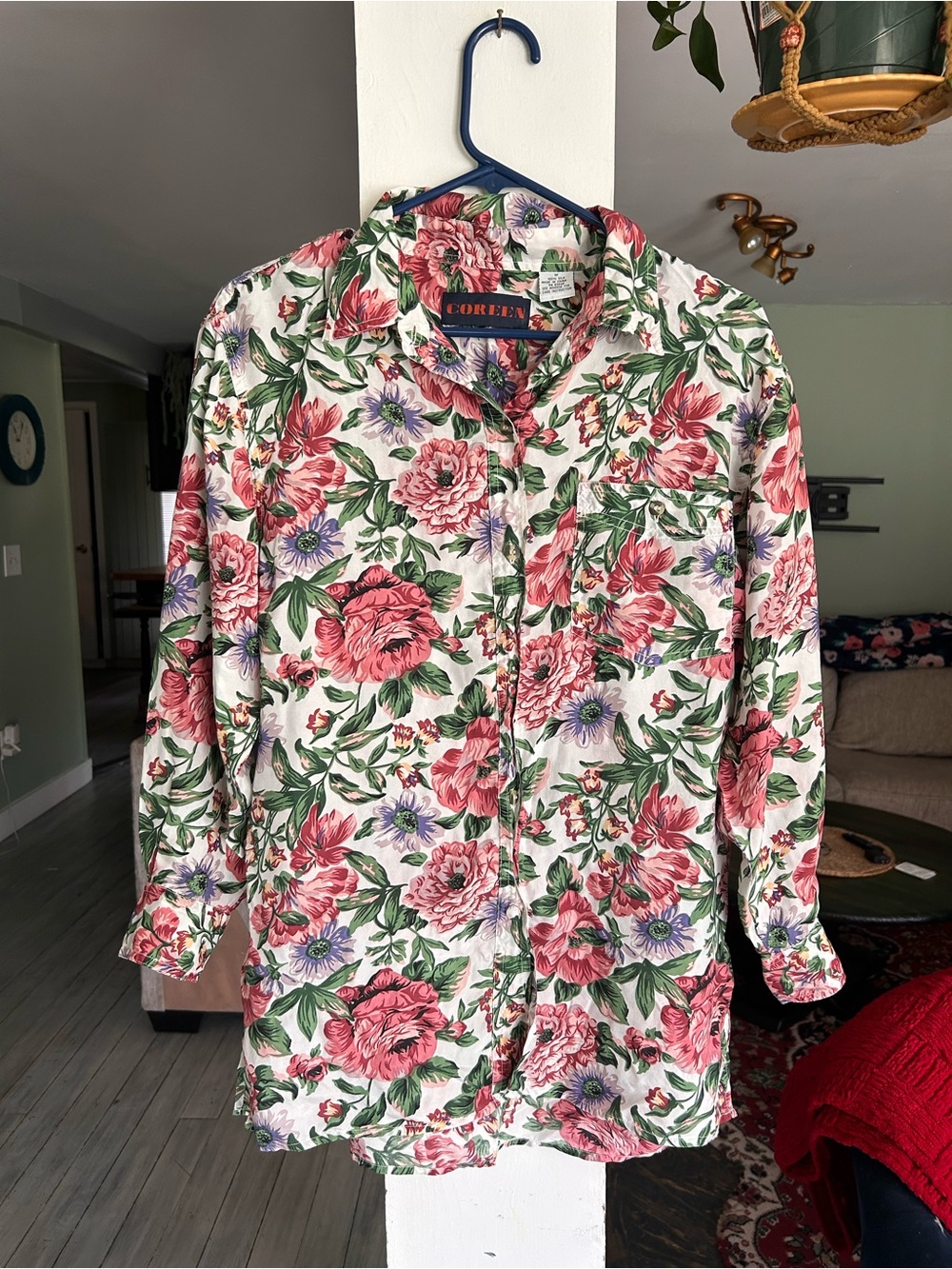Vintage Coreen 90s Rose Floral Button Up Blouse Long Sleeve Silk Rayon Shirt Med